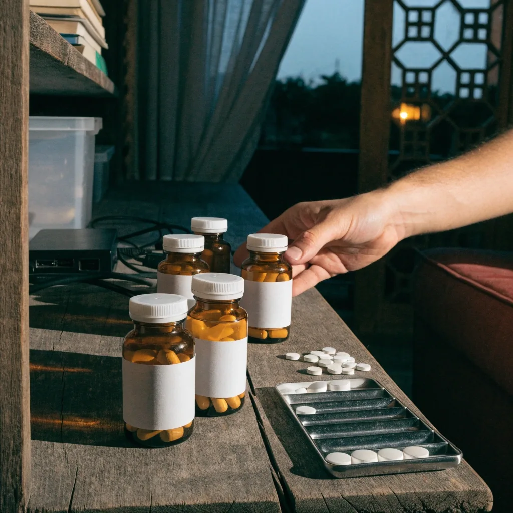 A row of unbranded supplement bottles arranged on a stone surface under a single lamp