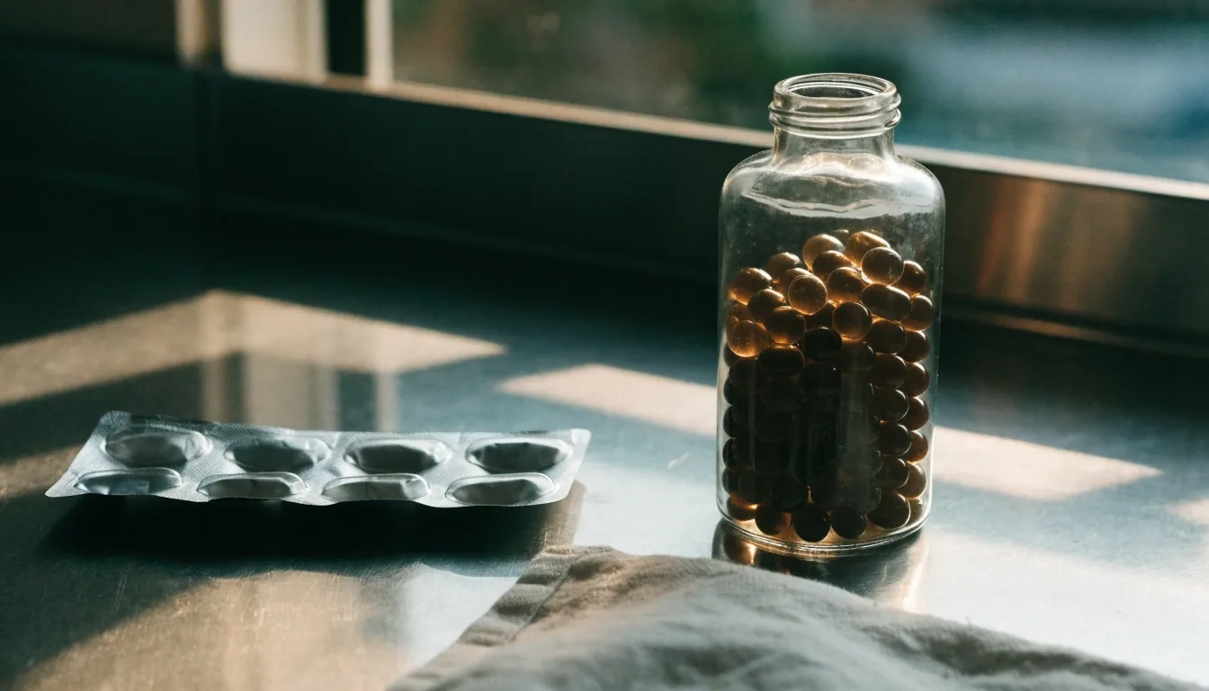 A plain amber supplement bottle and foil blister strip on a stainless counter in early morning light