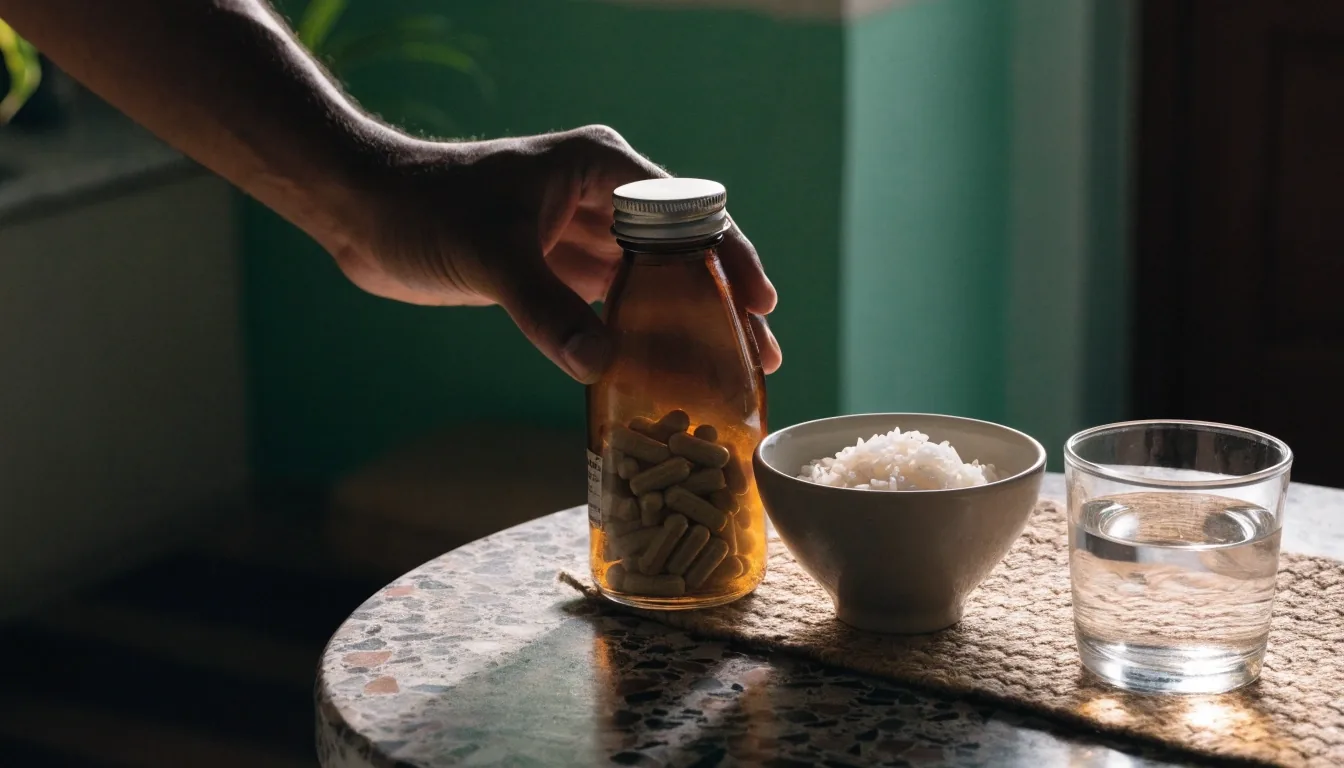 A quiet breakfast table with an unbranded amber bottle beside a plate and a glass of water