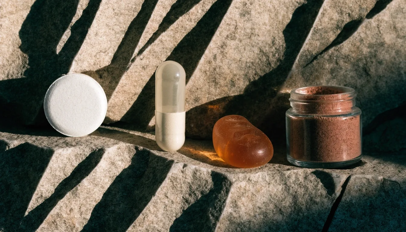 A tablet, a capsule, a gummy and an unbranded glass jar lined up on a scored stone surface